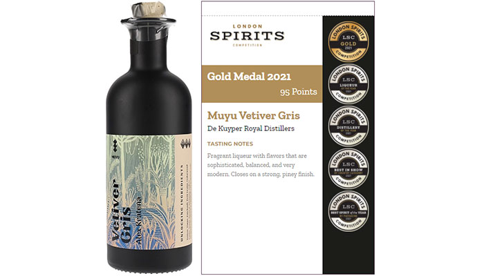 Muyu Vetier Gris bottle and its shelf-talker by London Spirits Competition Muyu Vetier Gris bagged a total of 5 awards at the competition