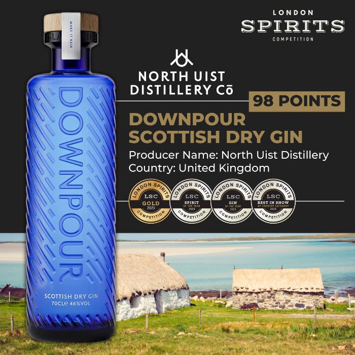 Downpour Scottish Dry Gin by North Uist Distillery at 98 points Downpour Scottish Dry Gin by North Uist Distillery at 98 points