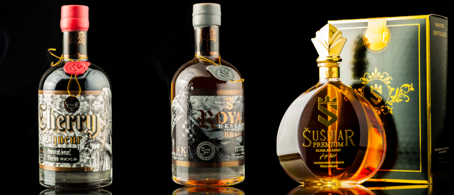 Šušnjar (Left-Right: Cherry Liqueur; Royal Reserve; Susnjar Premium) Cherry Liqueur-Royal Reserve-Susnjar Premium