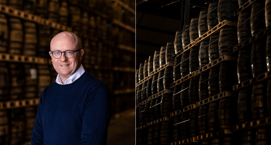Kevin O'Gorman at Midleton Warehouse Left - Kevin O’Gorman Right - Barrels in the Midleton warehouse.